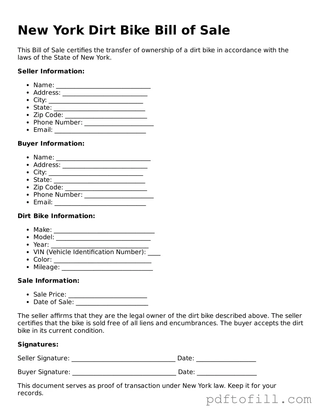 Official New York Dirt Bike Bill of Sale Form