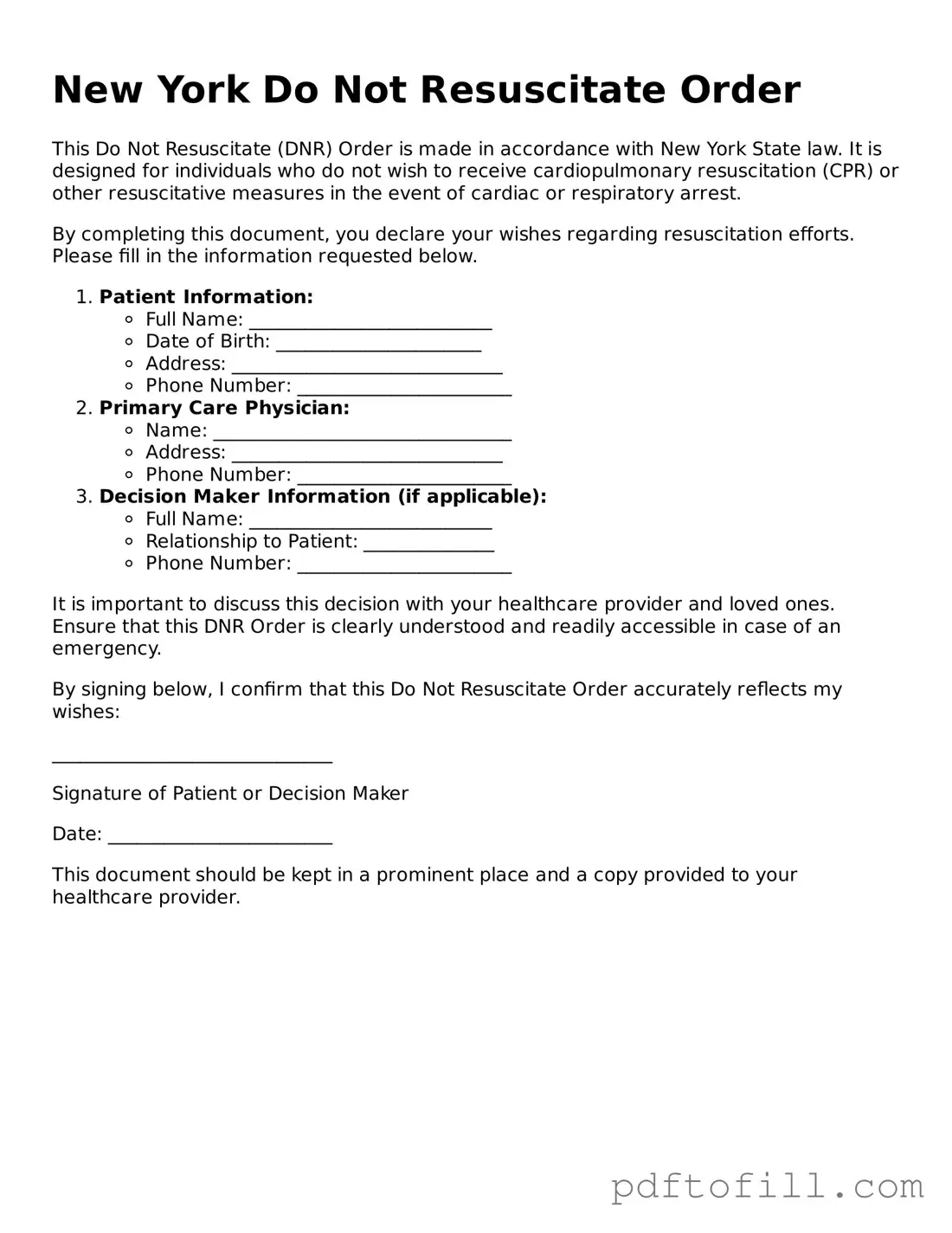 Official New York Do Not Resuscitate Order Form