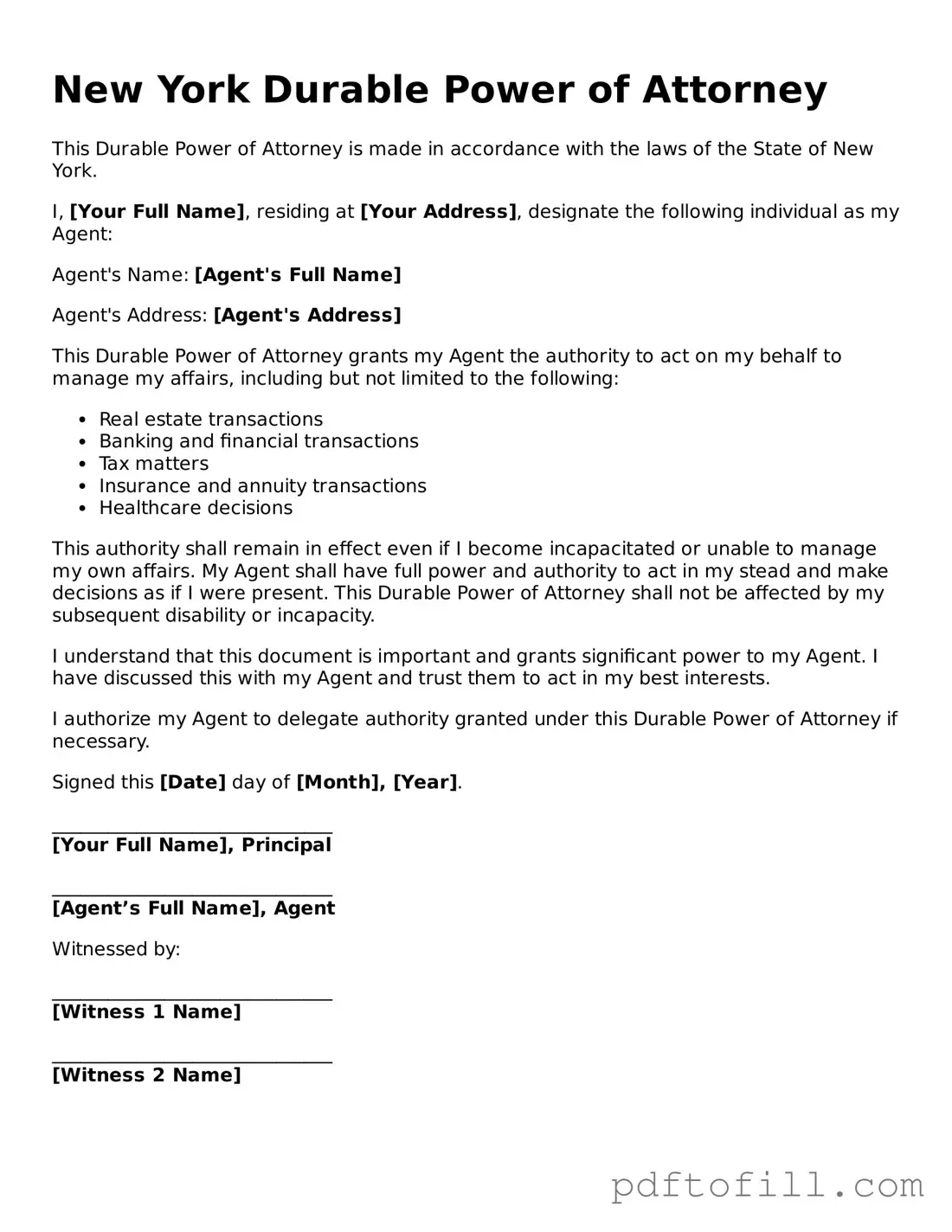 Official New York Durable Power of Attorney Form
