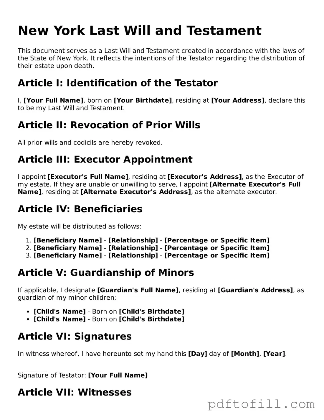 Official New York Last Will and Testament Form