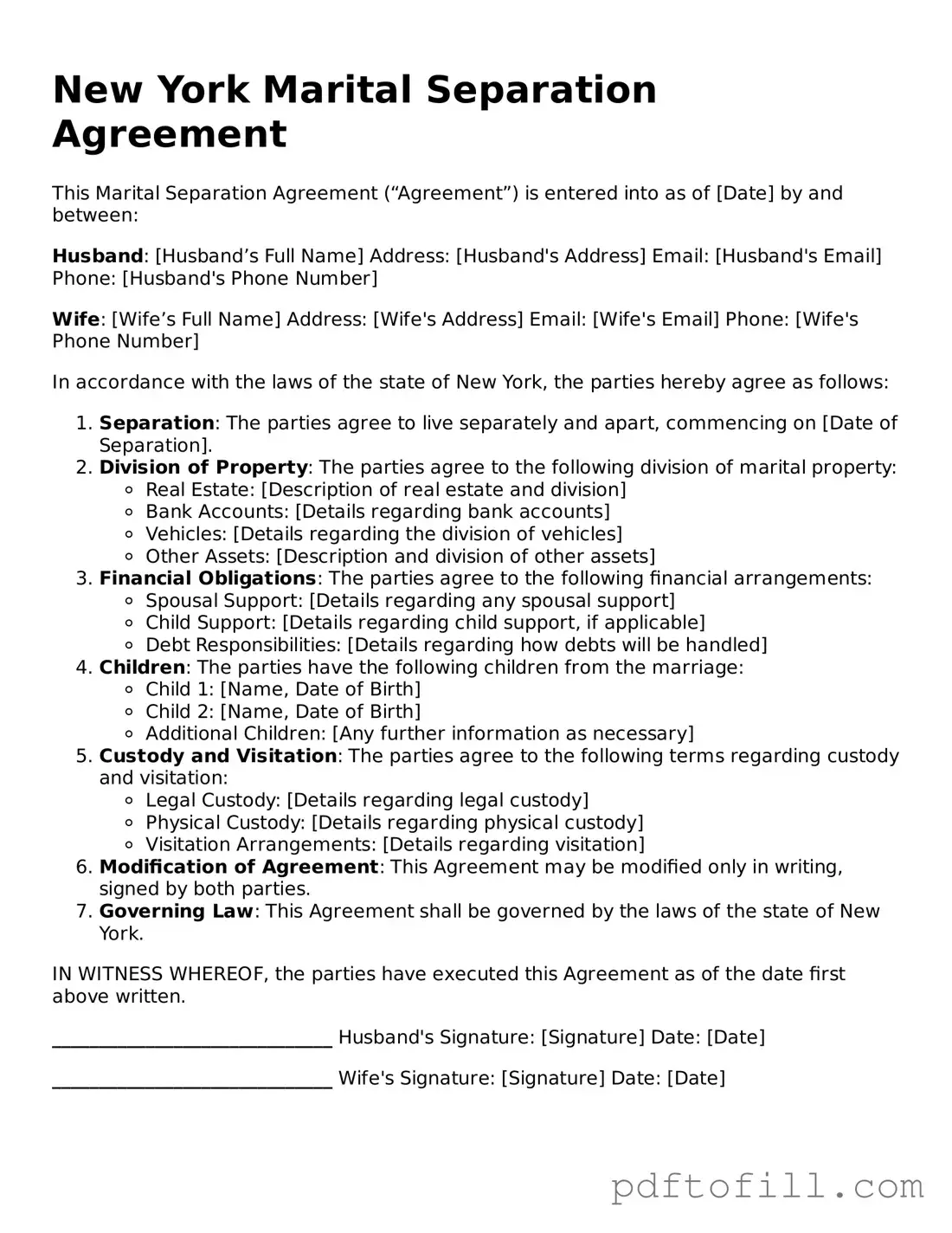 Official New York Marital Separation Agreement Form