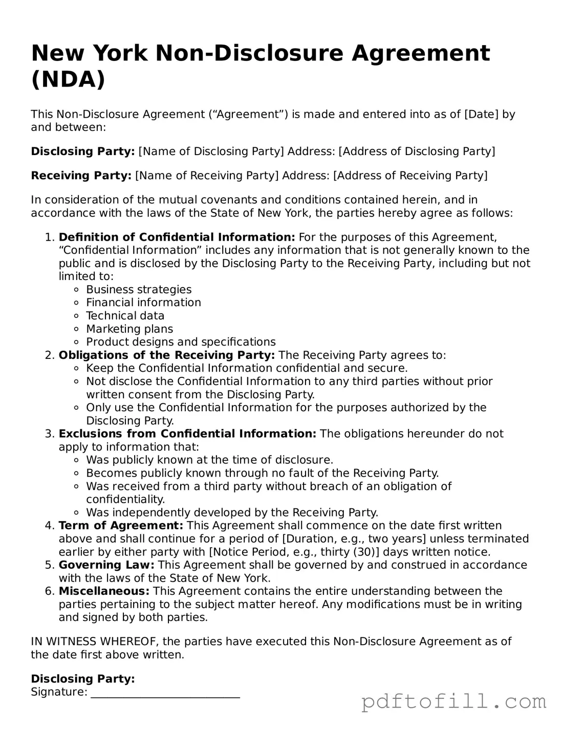 Official New York Non-disclosure Agreement Form