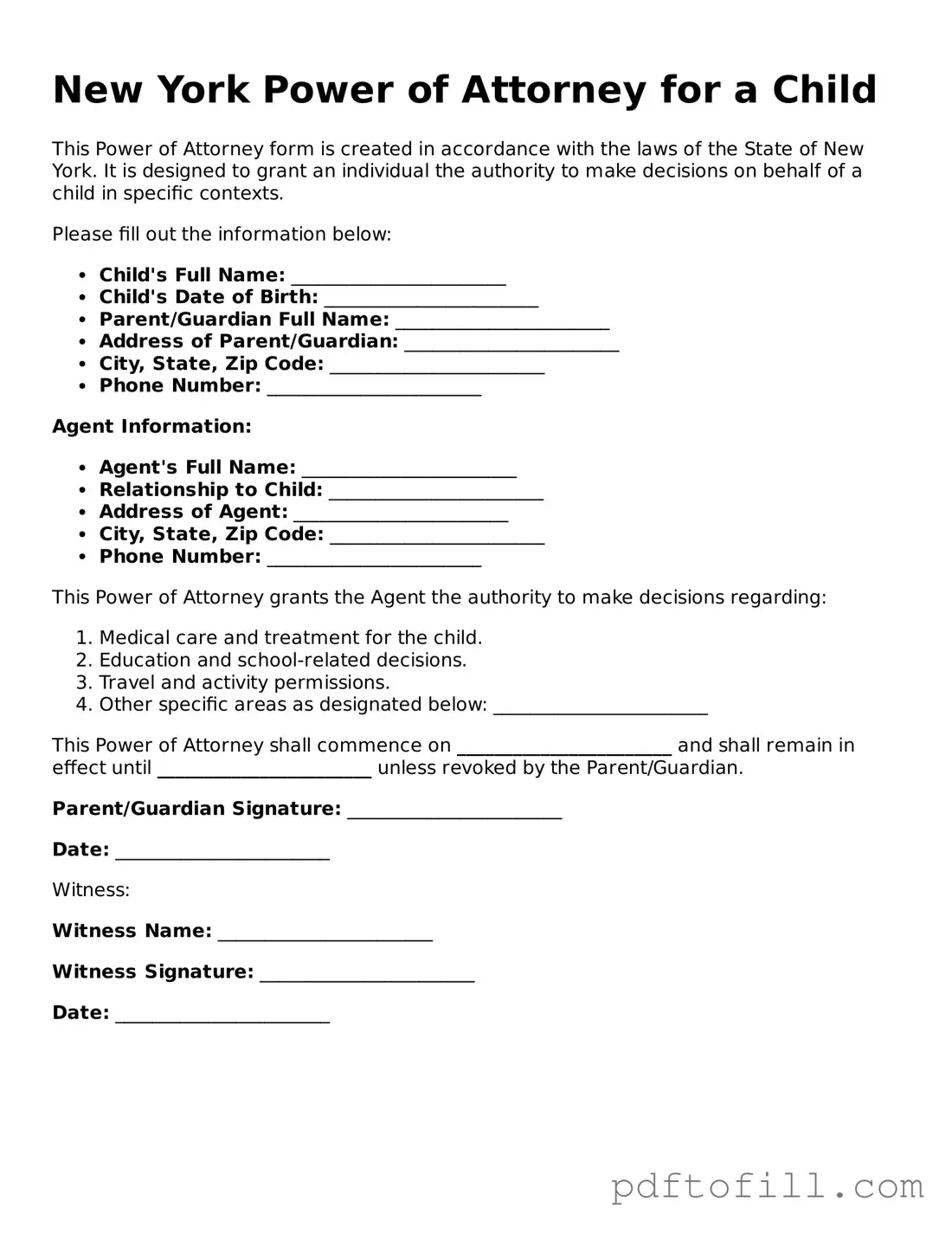 Official New York Power of Attorney for a Child Form