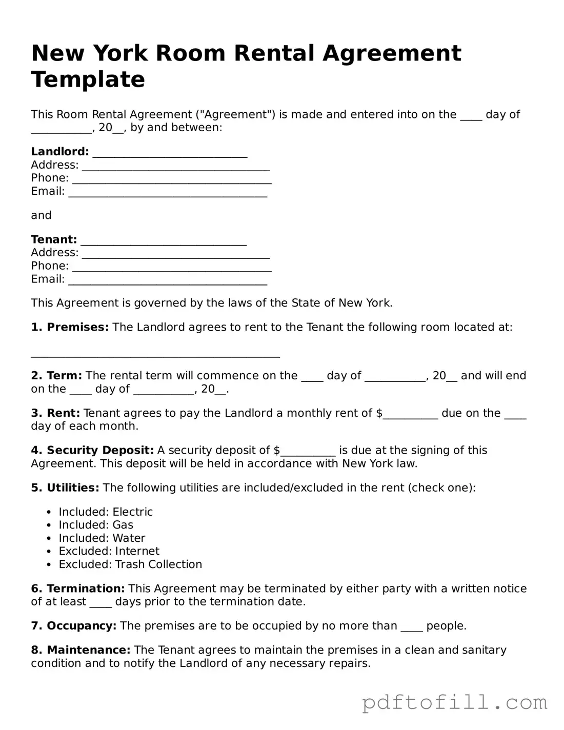 Official New York Room Rental Agreement Form