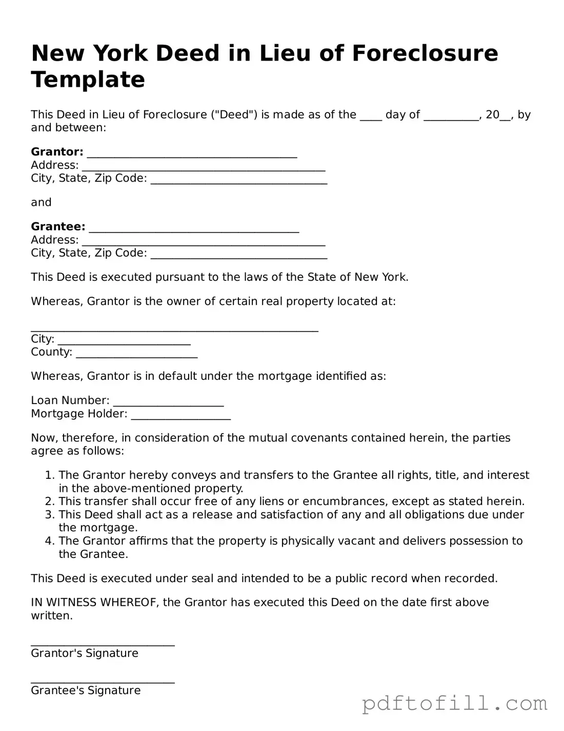 Official New York Deed in Lieu of Foreclosure Form