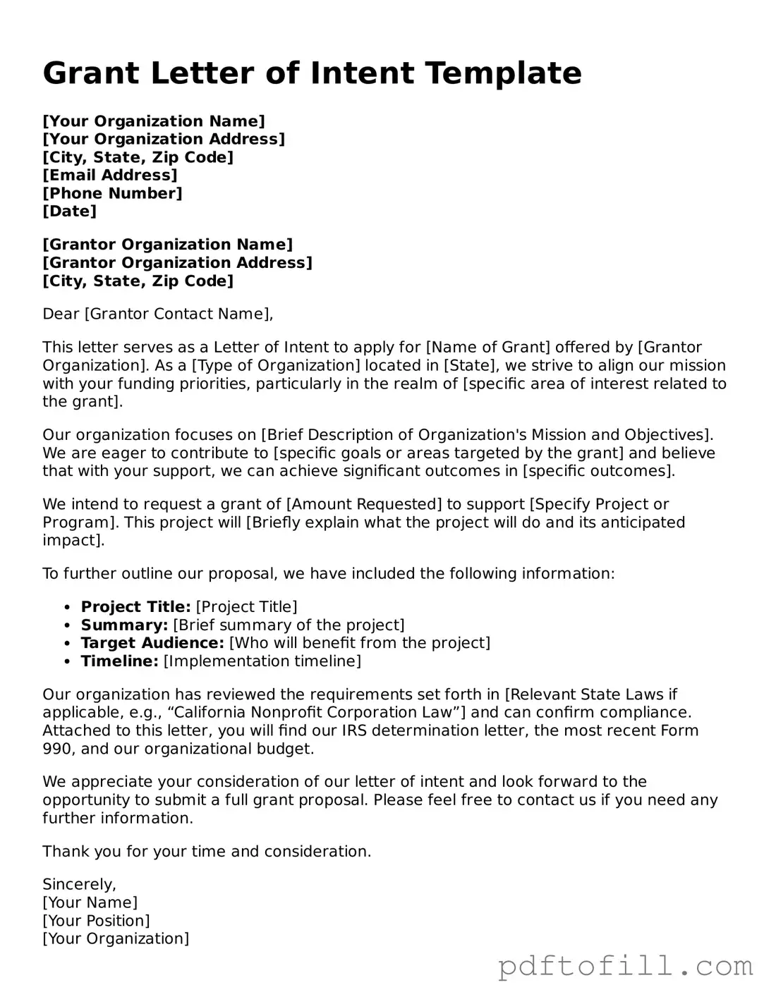 Printable Grant Letter of Intent Template