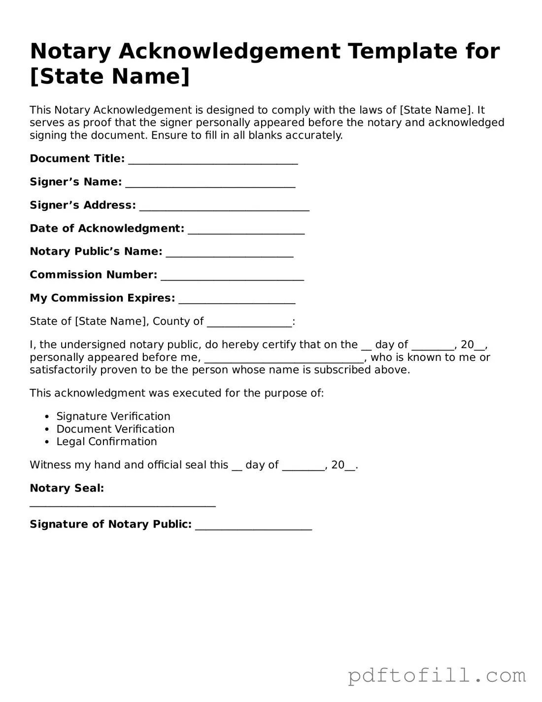 Printable Notary Acknowledgement Template