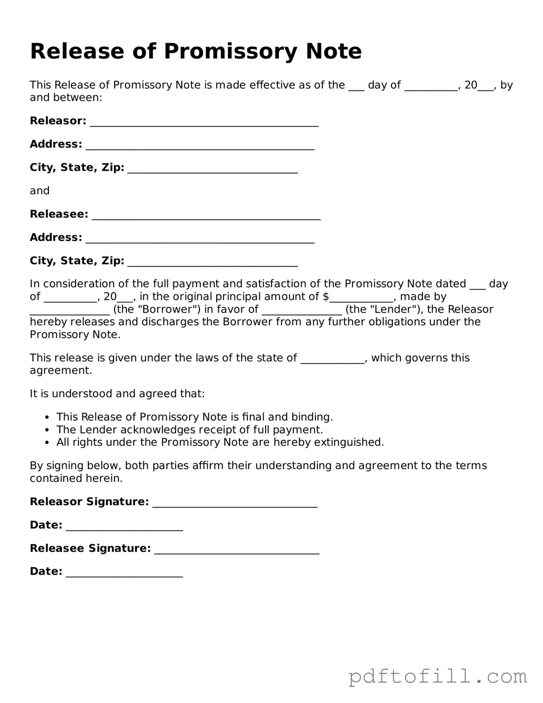 Printable Release of Promissory Note Template