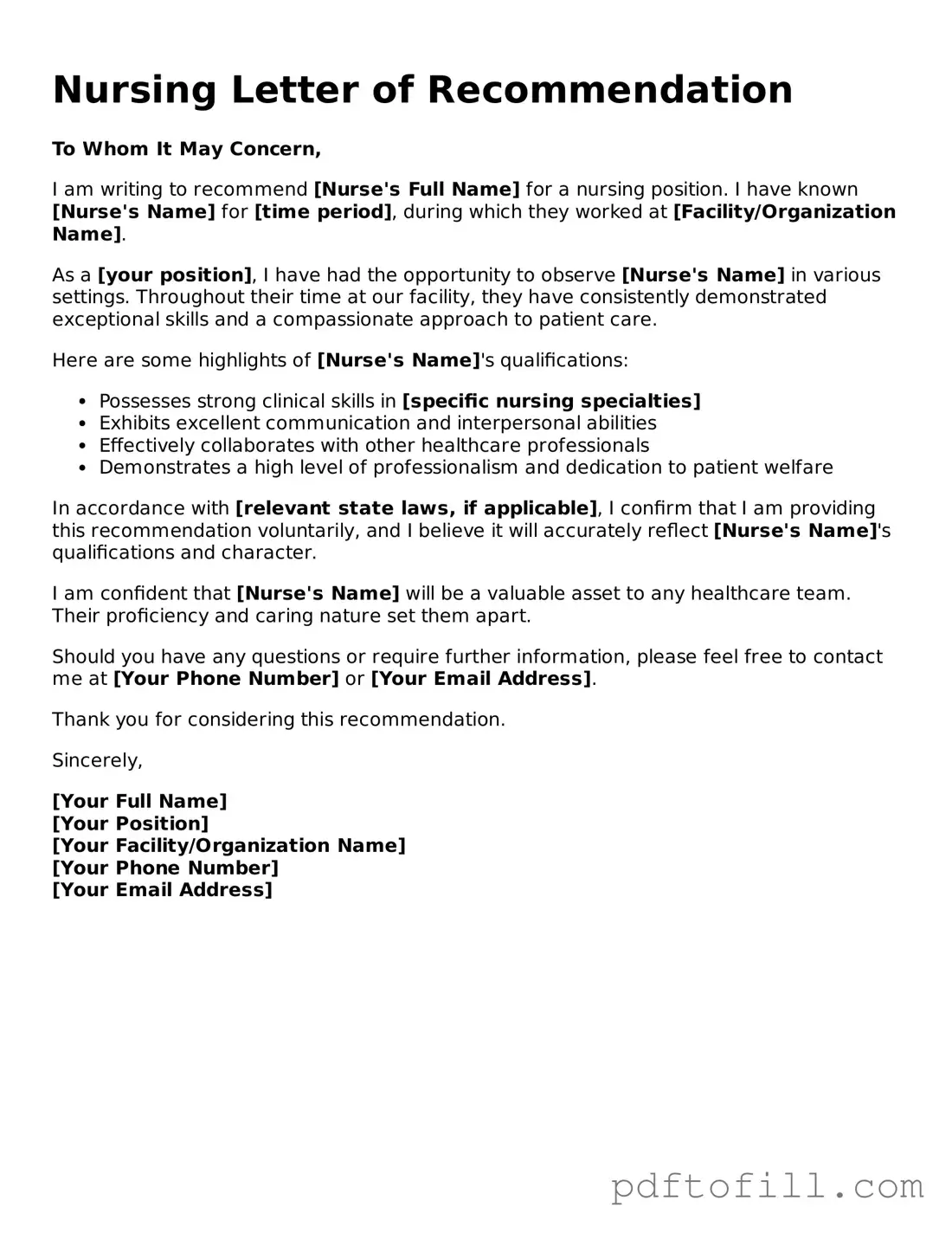 Printable Nursing Letter of Recommendation Template