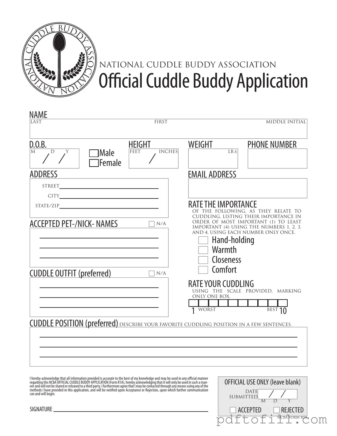 Free Cuddle Buddy Application PDF Form