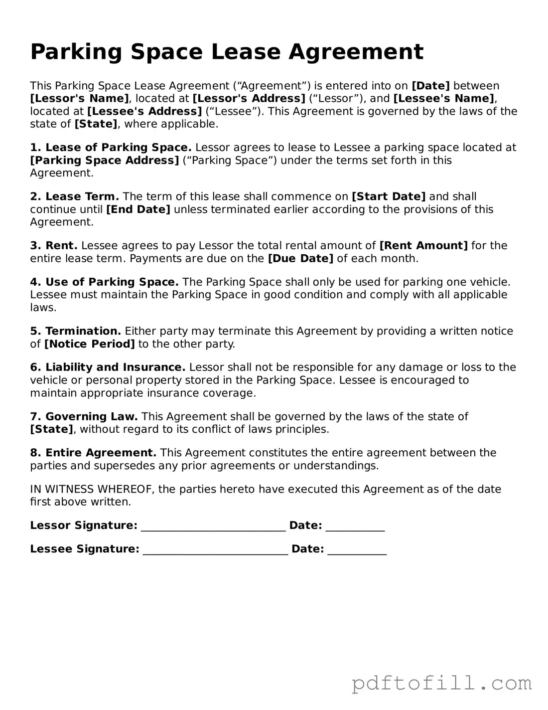 Printable Parking Space Lease Agreement Template