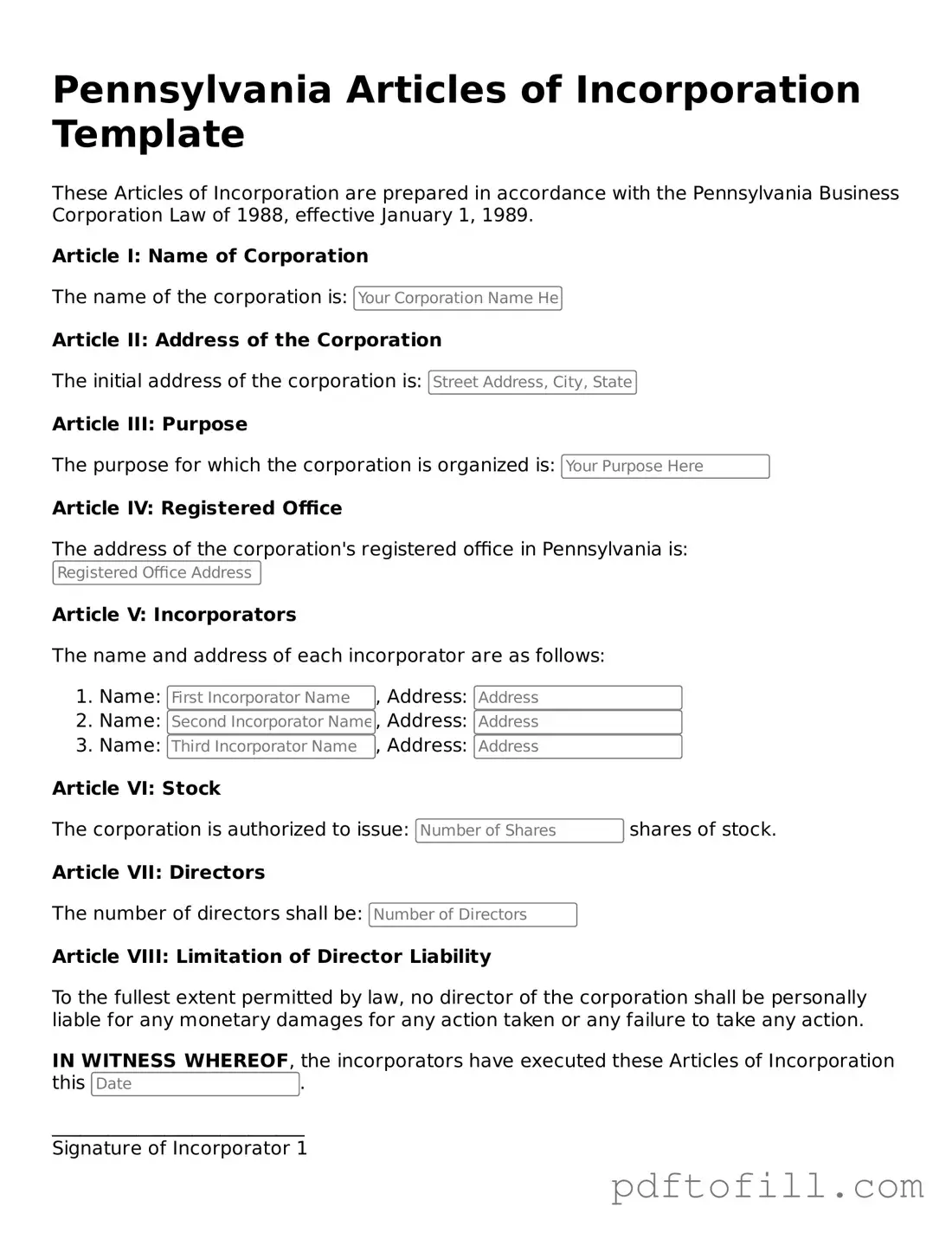 Official Pennsylvania Articles of Incorporation Form