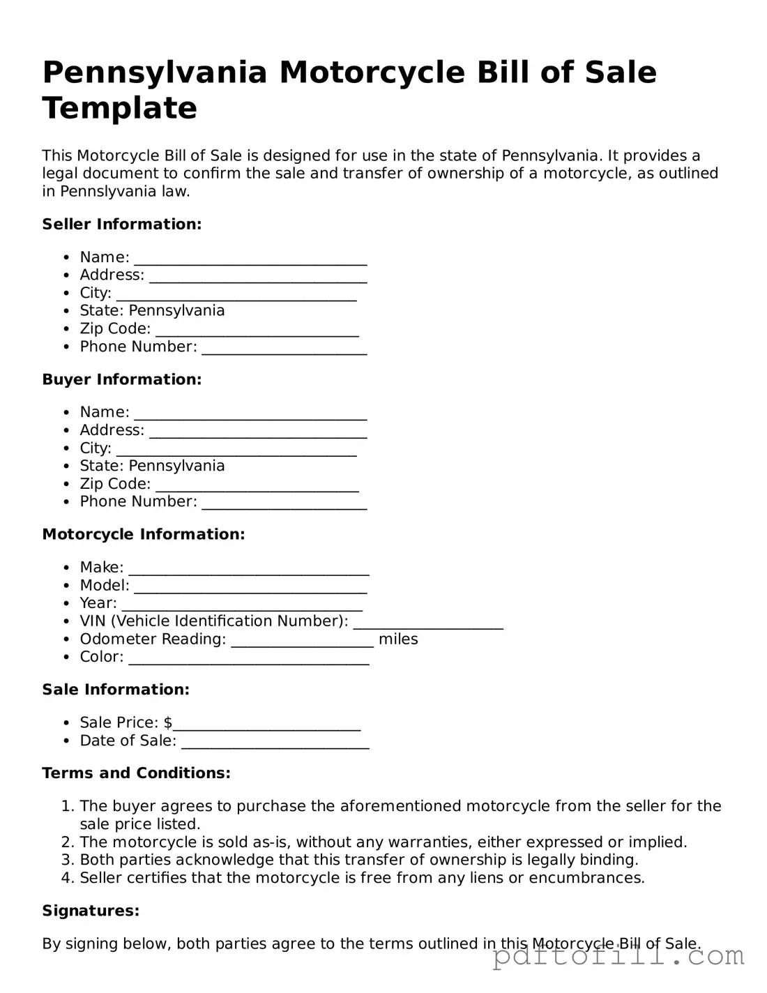 Official Pennsylvania Motorcycle Bill of Sale Form