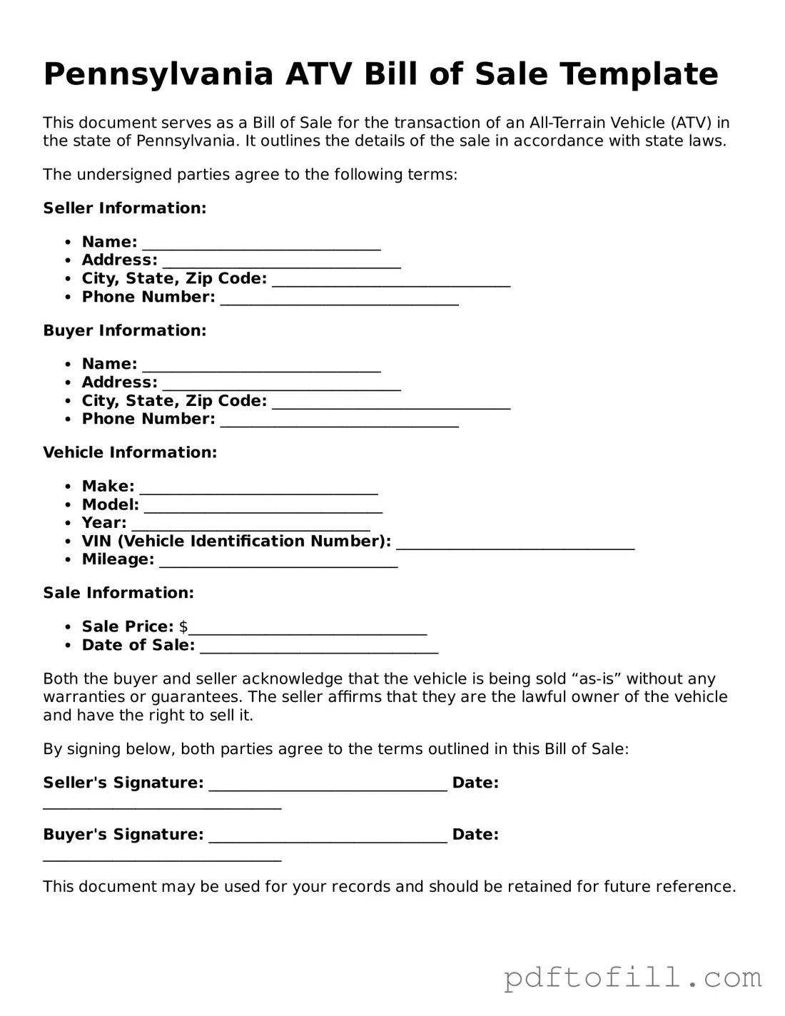 Official Pennsylvania ATV Bill of Sale Form