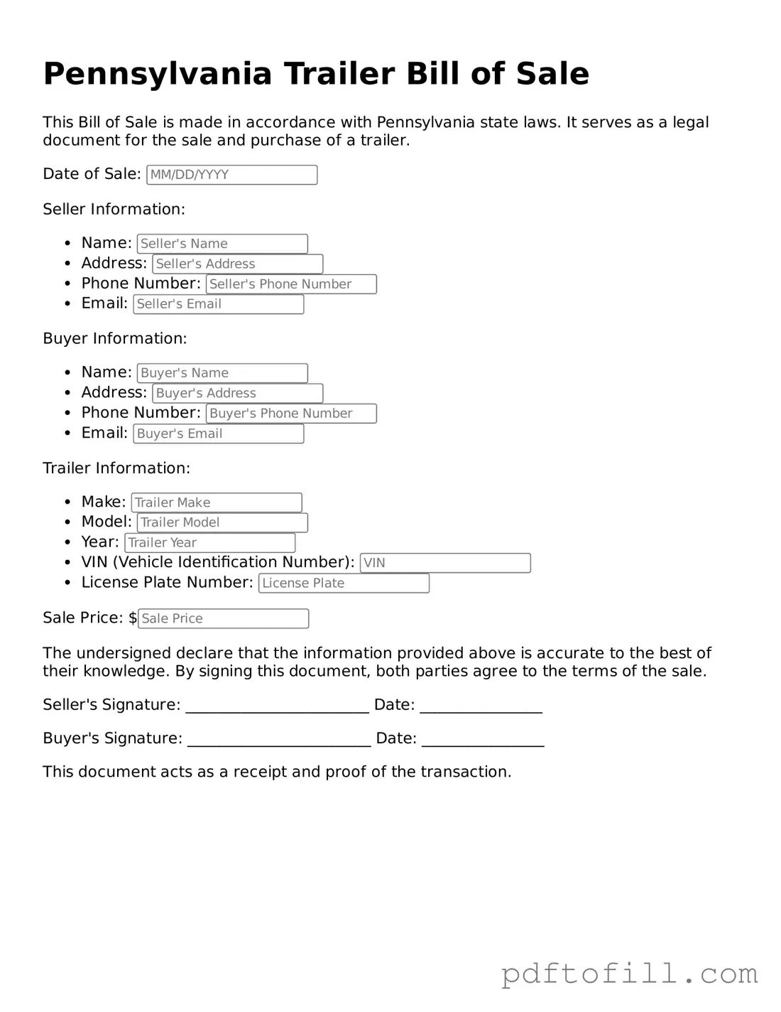 Official Pennsylvania Trailer Bill of Sale Form