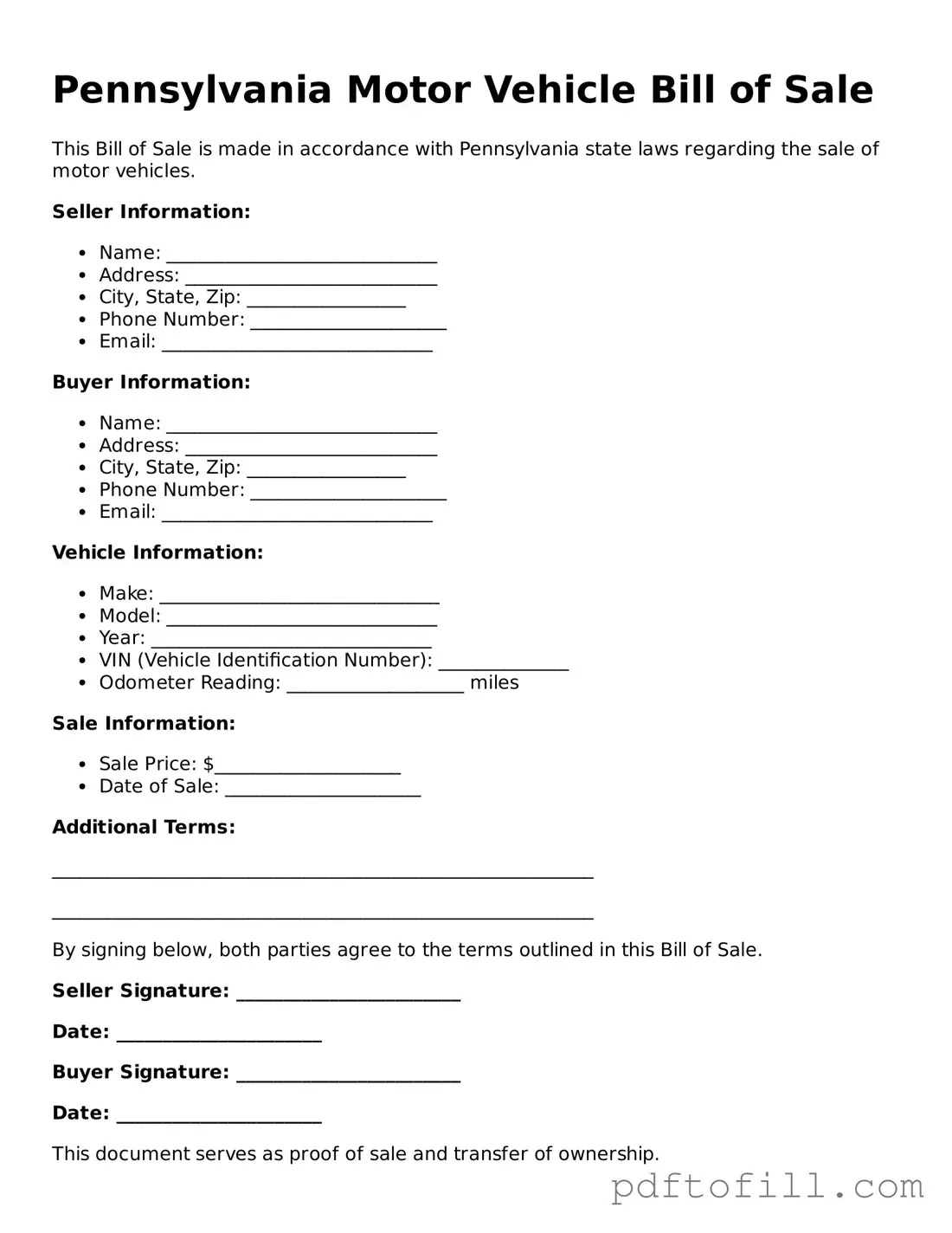 Official Pennsylvania Motor Vehicle Bill of Sale Form