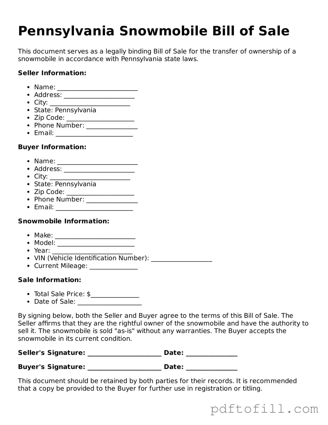Official Pennsylvania Snowmobile Bill of Sale Form