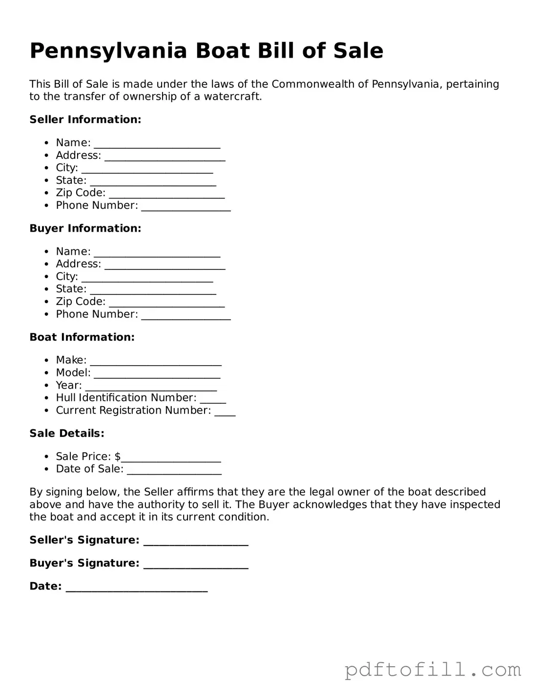 Official Pennsylvania Boat Bill of Sale Form