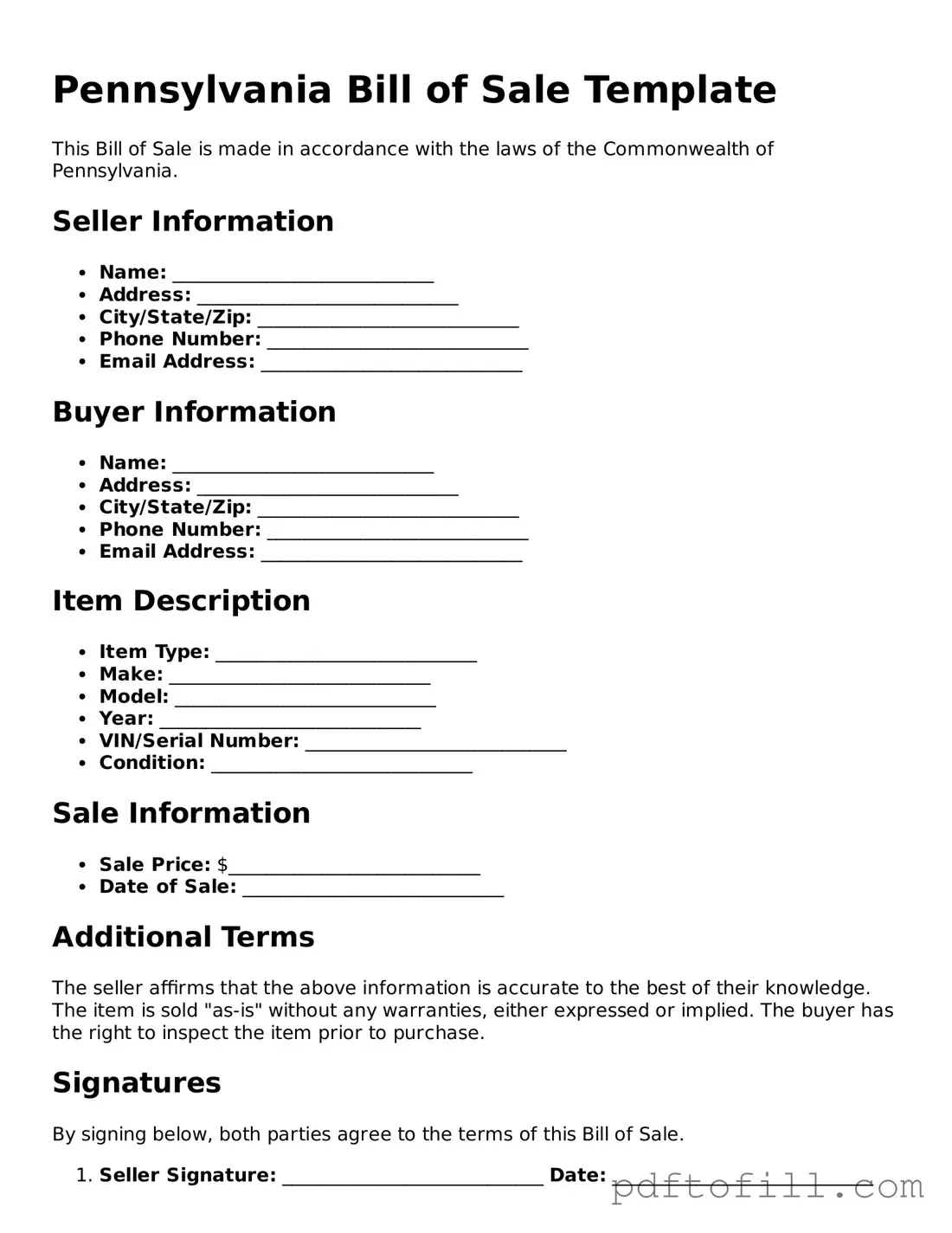 Official Pennsylvania Bill of Sale Form