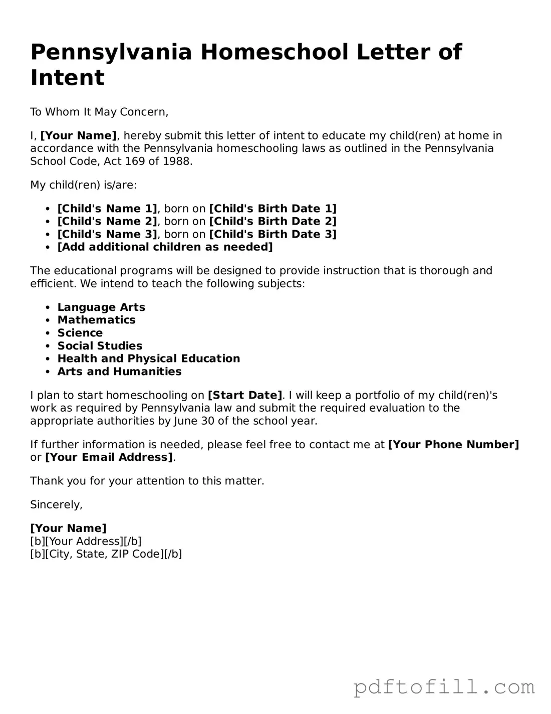 Official Pennsylvania Homeschool Letter of Intent Form