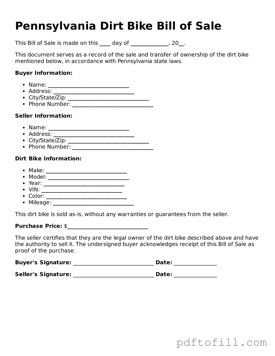 Official Pennsylvania Dirt Bike Bill of Sale Form