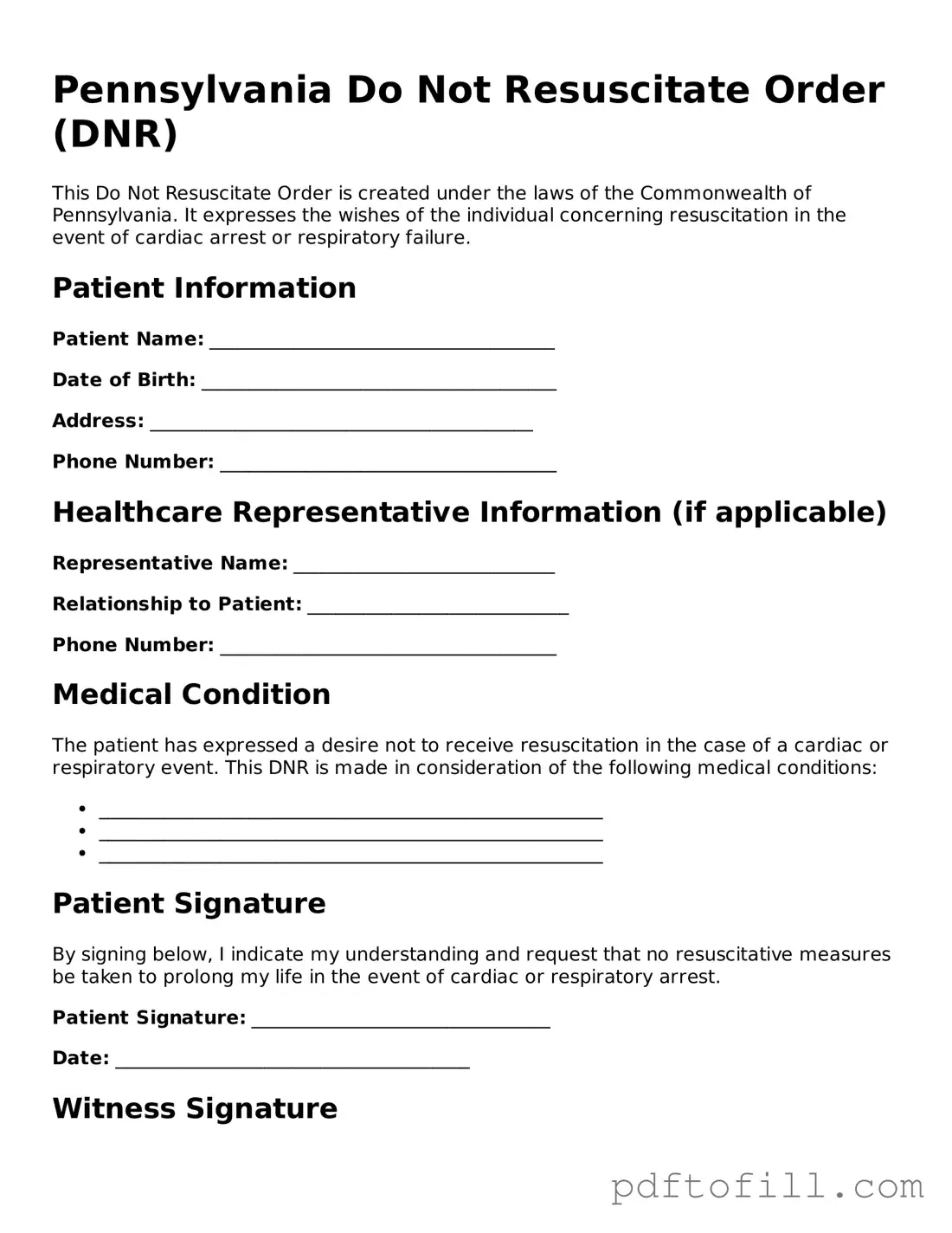 Official Pennsylvania Do Not Resuscitate Order Form