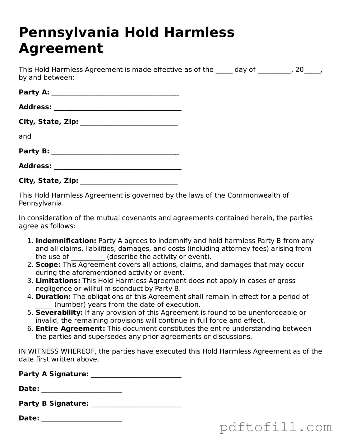 Official Pennsylvania Hold Harmless Agreement Form