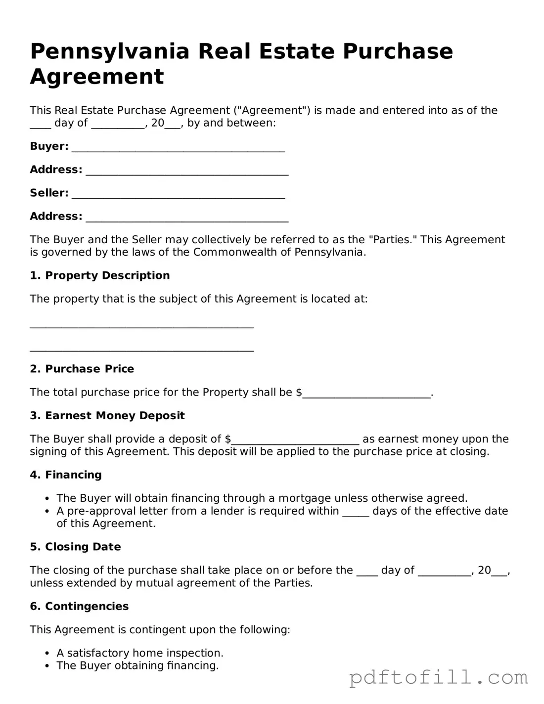 Official Pennsylvania Real Estate Purchase Agreement Form