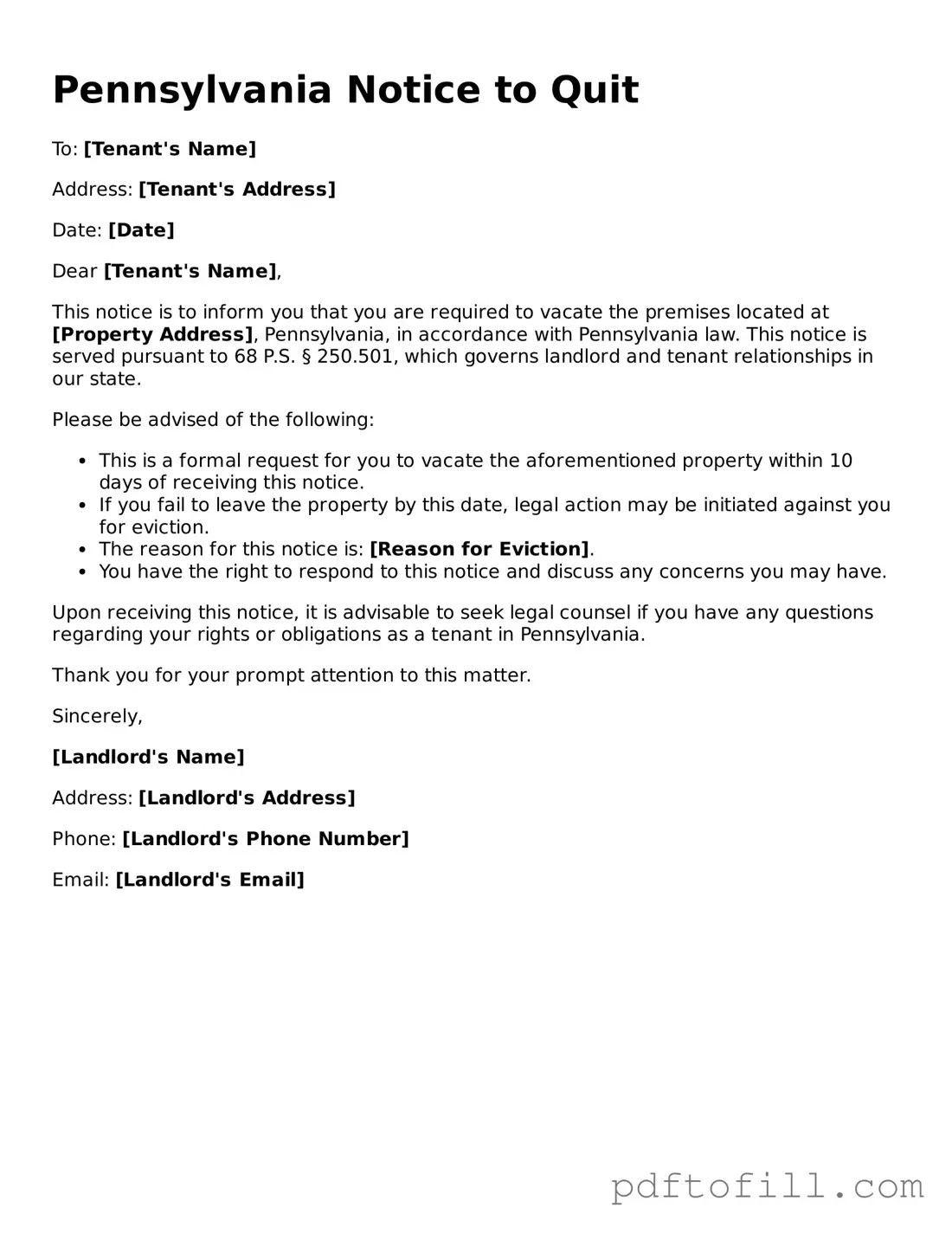 Official Pennsylvania Notice to Quit Form