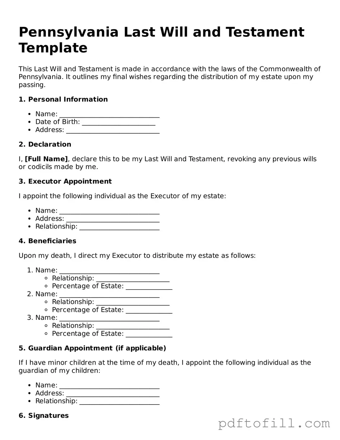 Official Pennsylvania Last Will and Testament Form