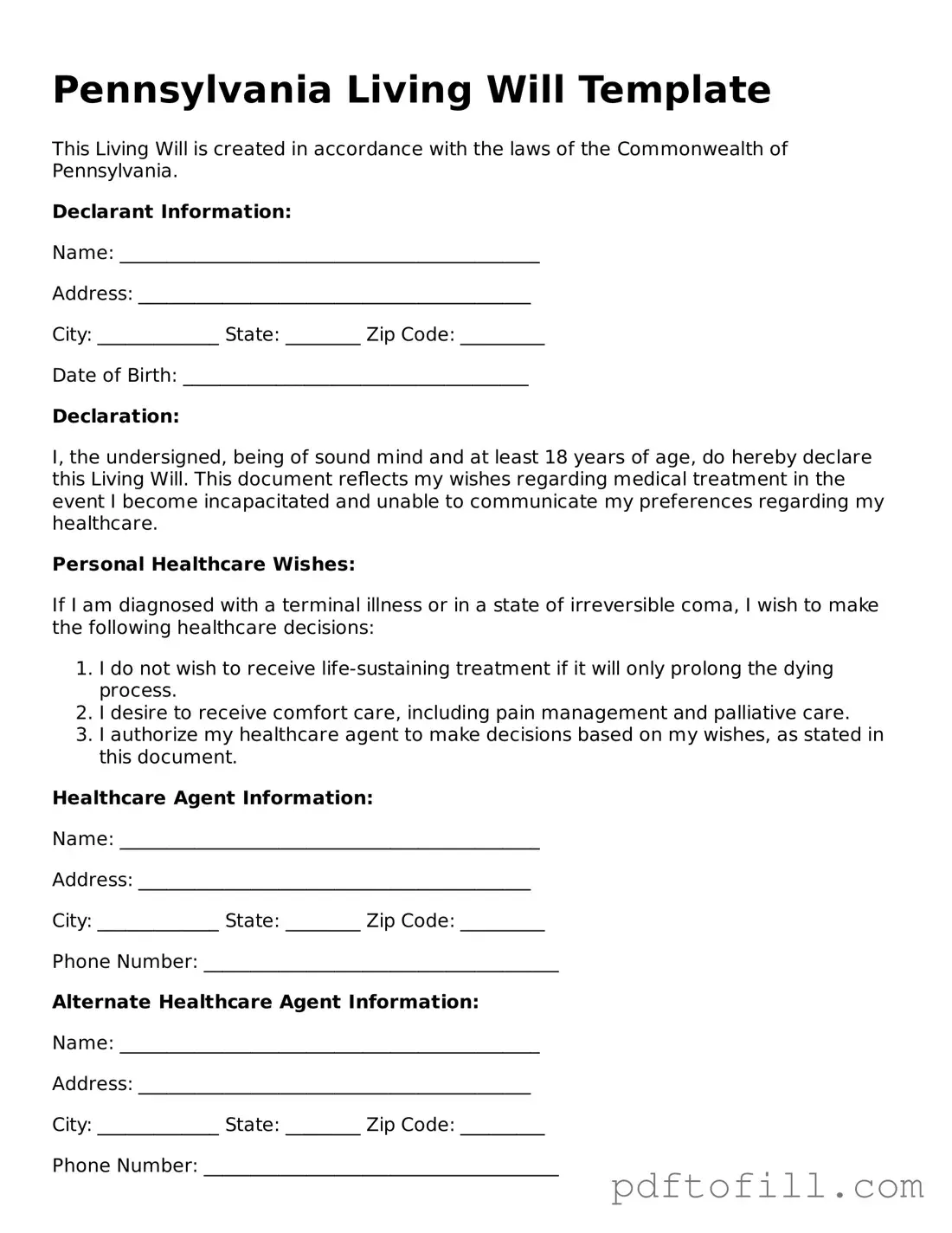 Official Pennsylvania Living Will Form