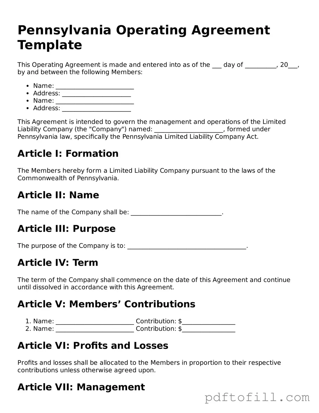 Official Pennsylvania Operating Agreement Form