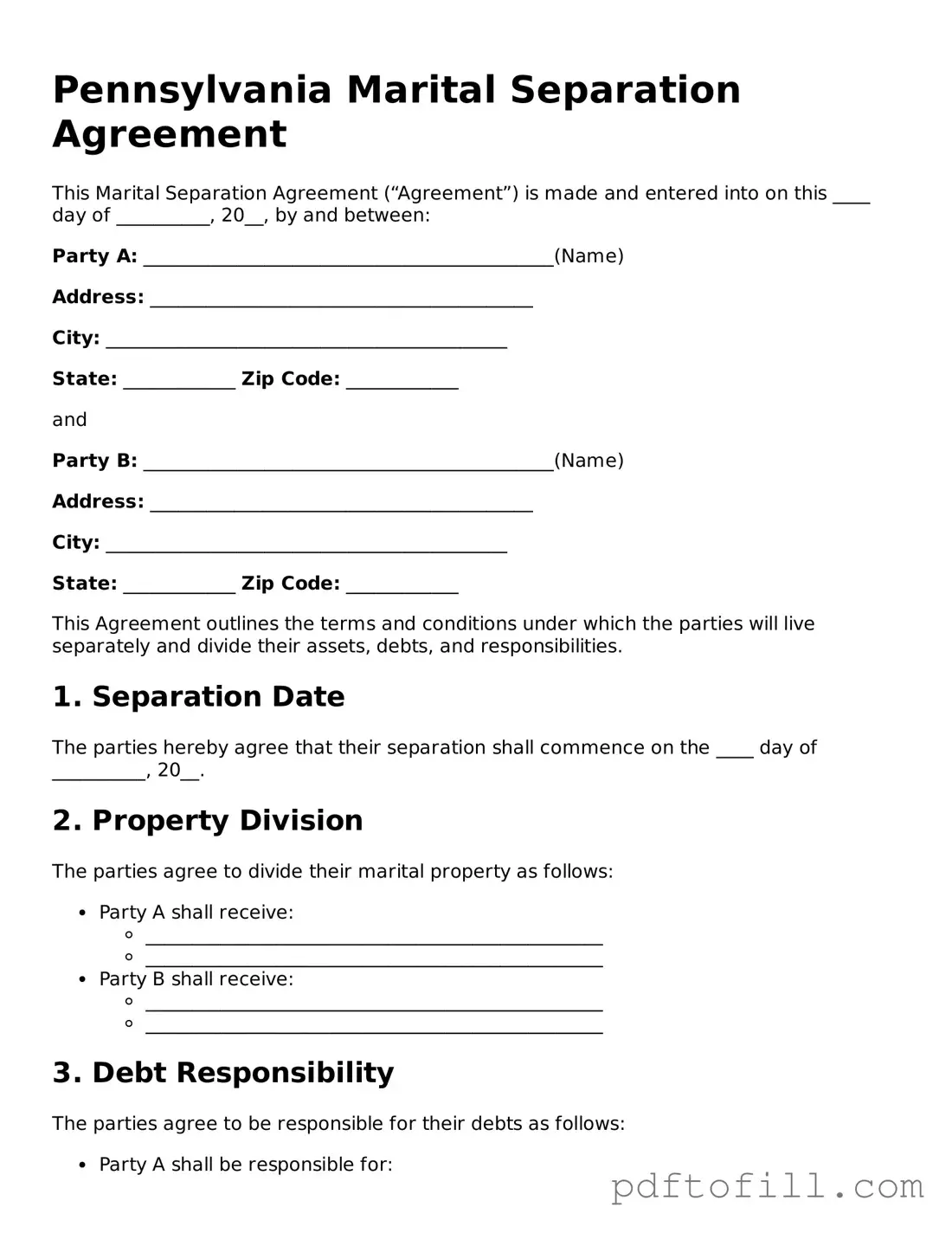 Official Pennsylvania Marital Separation Agreement Form