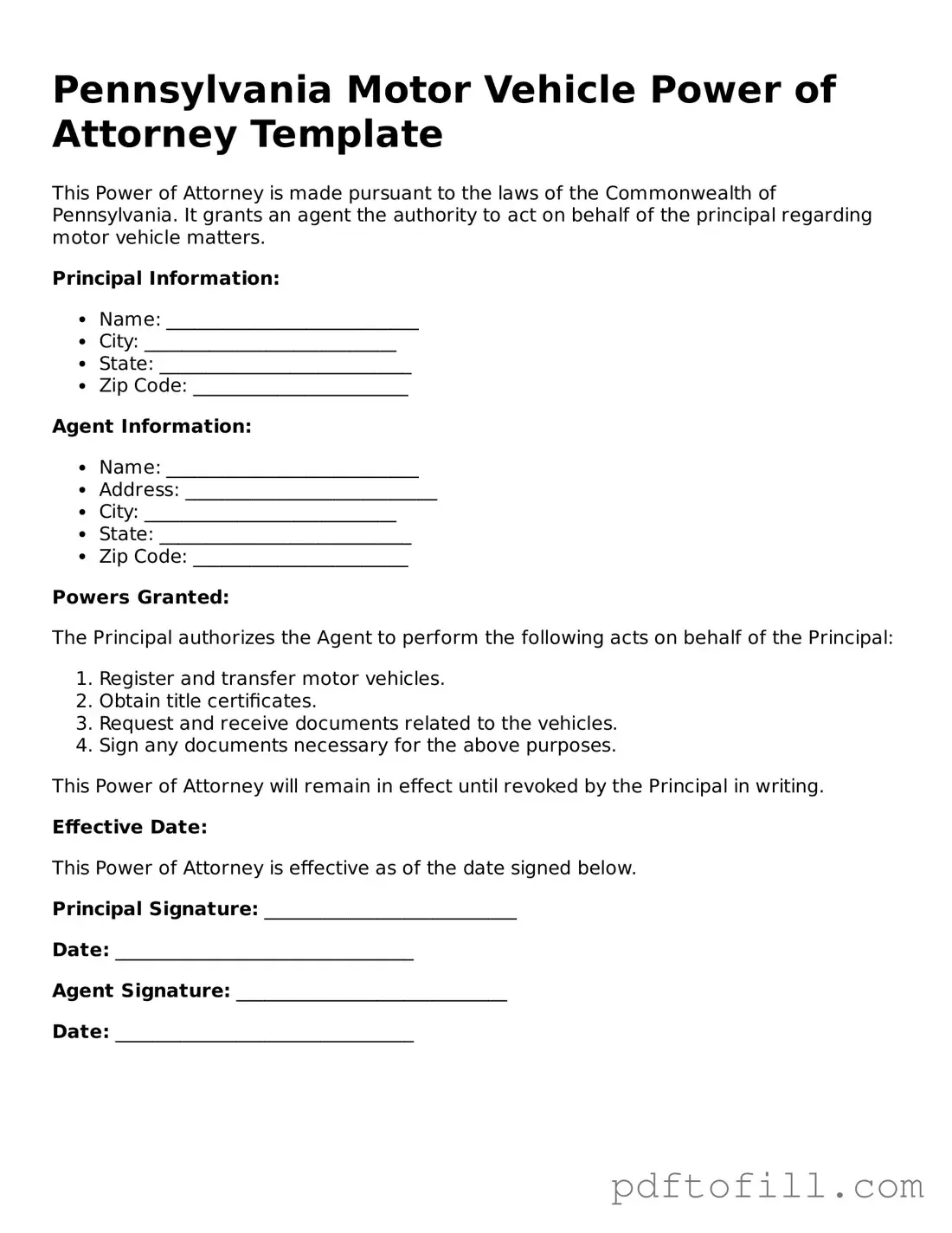 Official Pennsylvania Motor Vehicle Power of Attorney Form