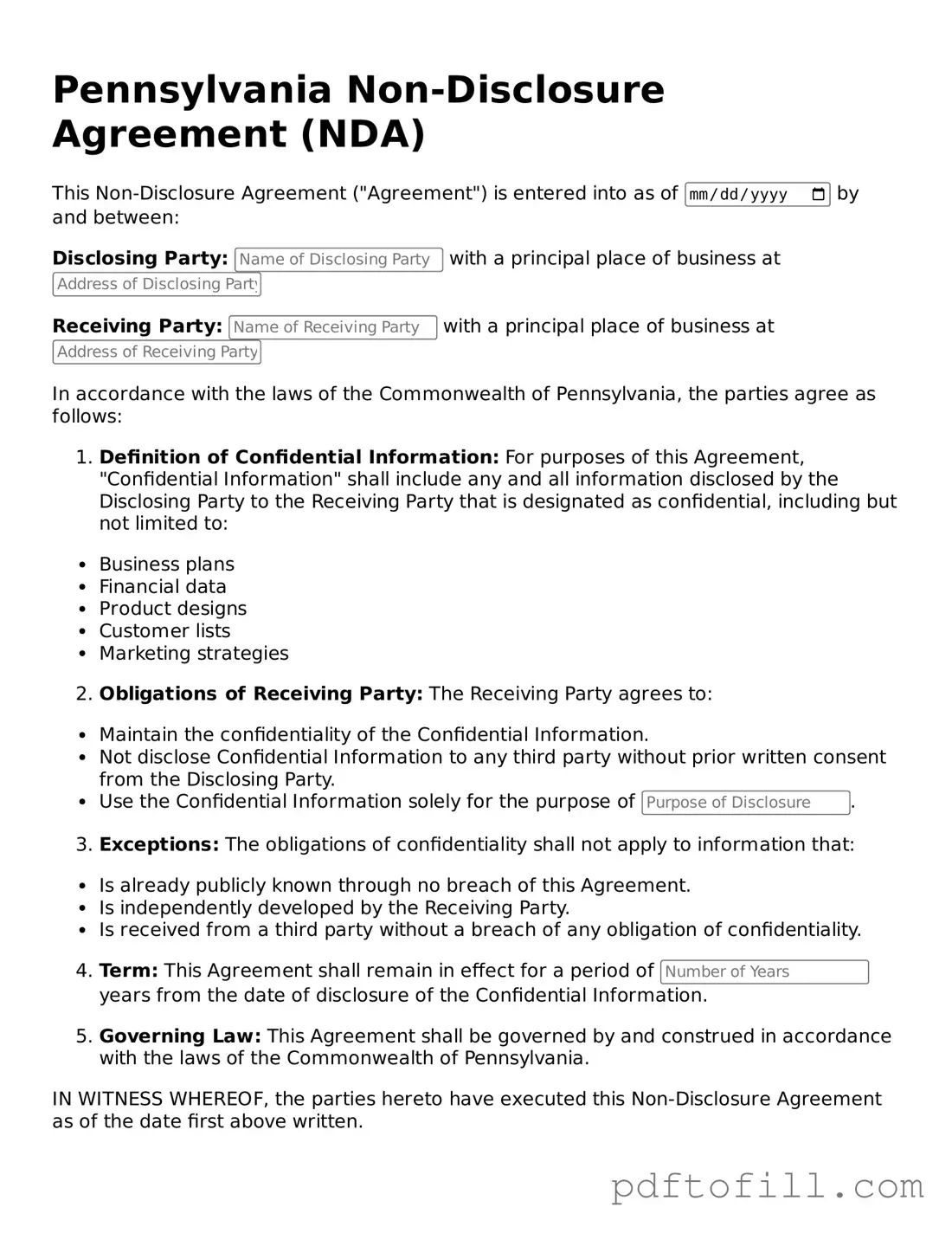 Official Pennsylvania Non-disclosure Agreement Form