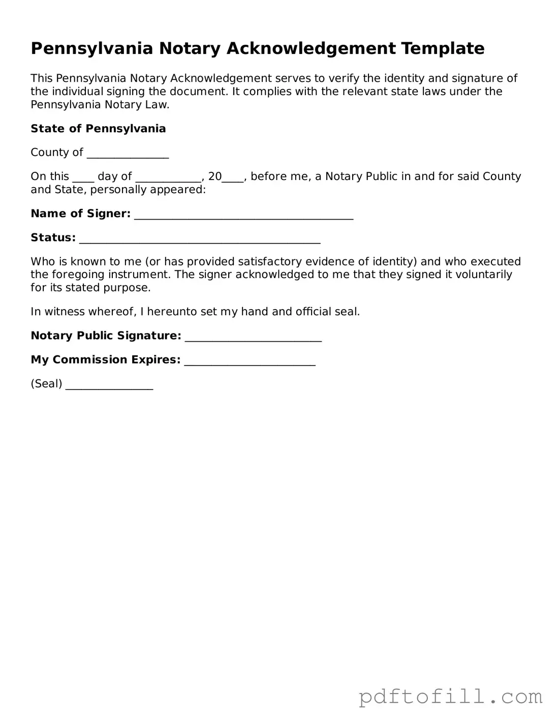 Official Pennsylvania Notary Acknowledgement Form