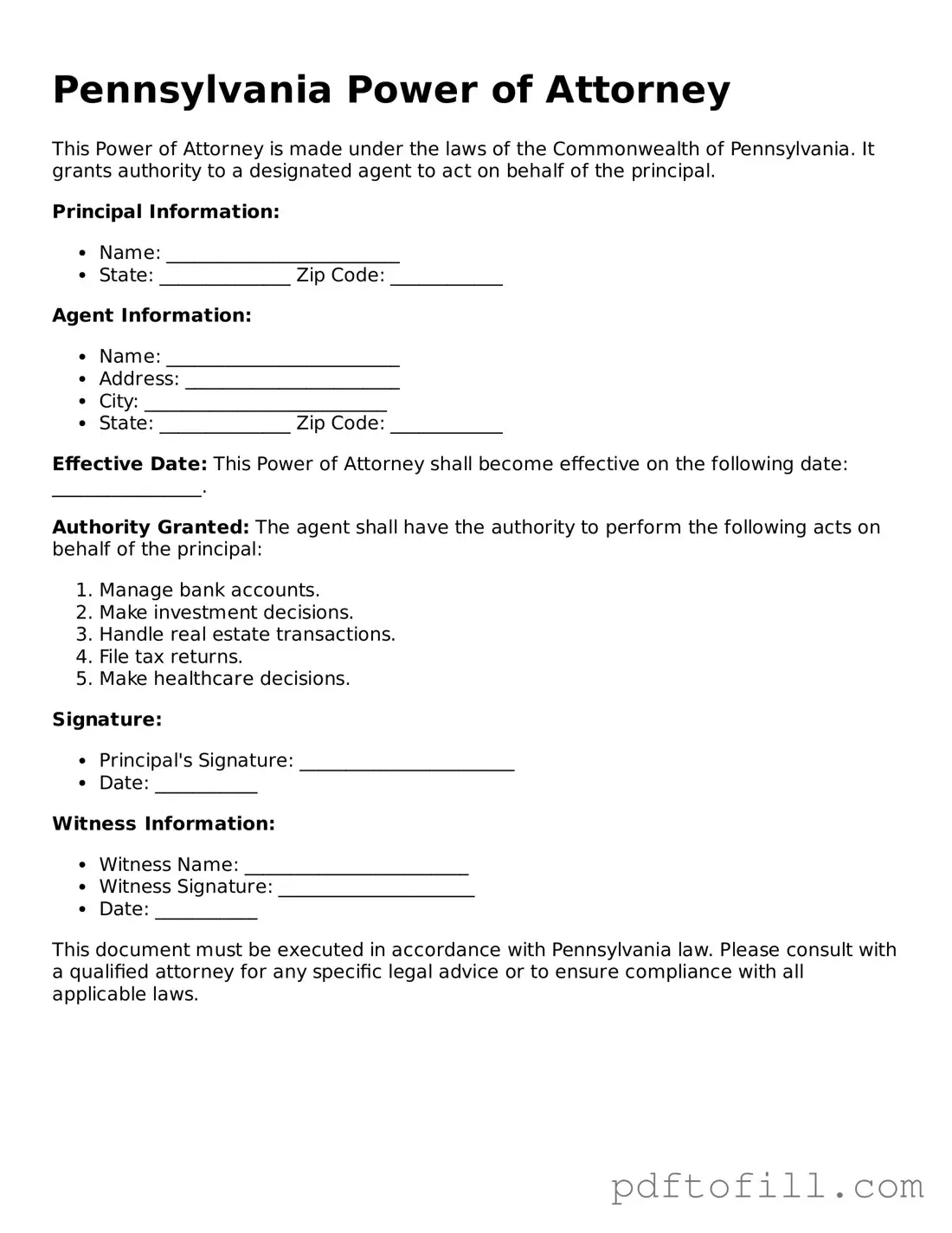 Official Pennsylvania Power of Attorney Form
