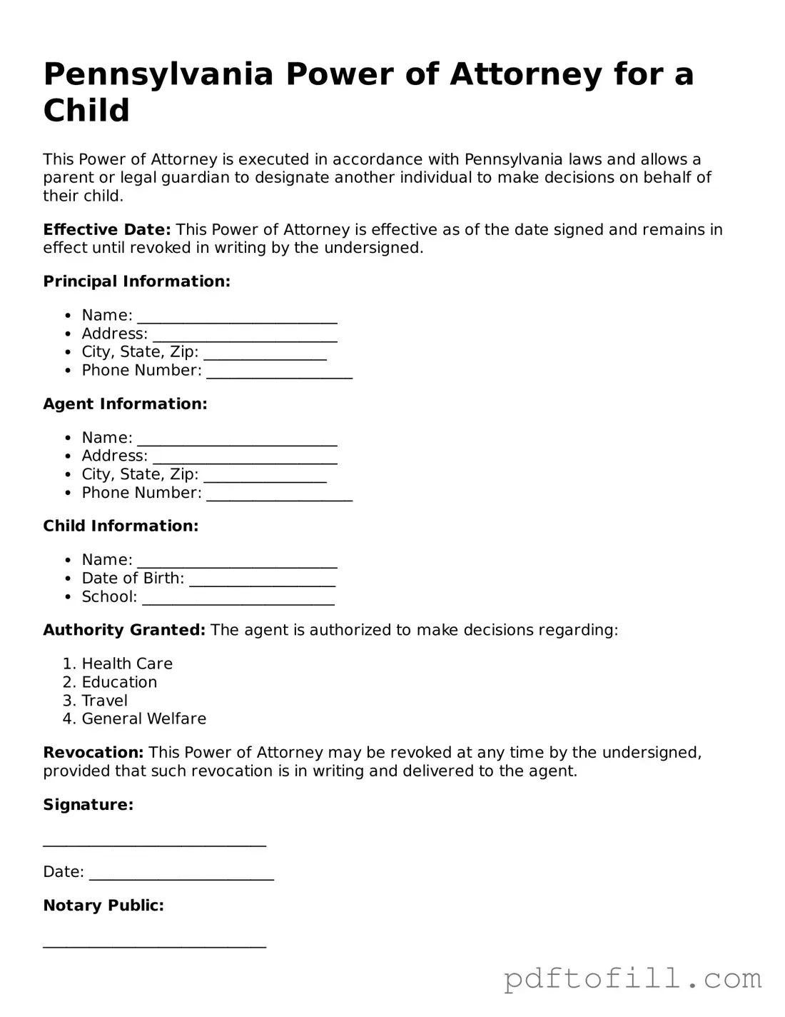 Official Pennsylvania Power of Attorney for a Child Form