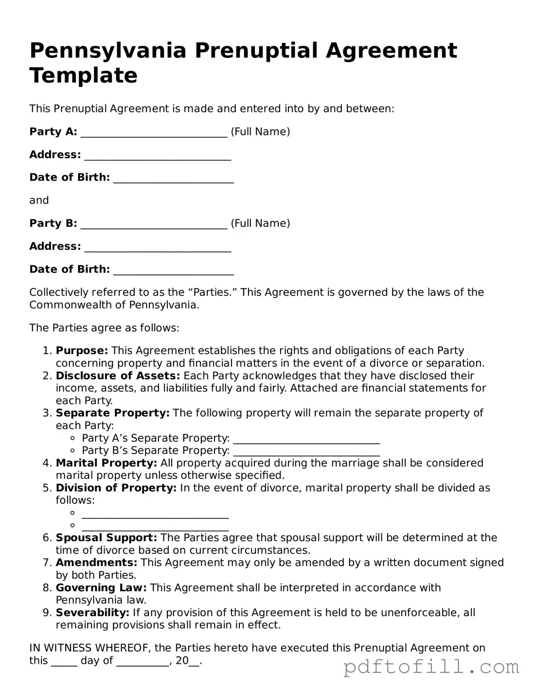 Official Pennsylvania Prenuptial Agreement Form