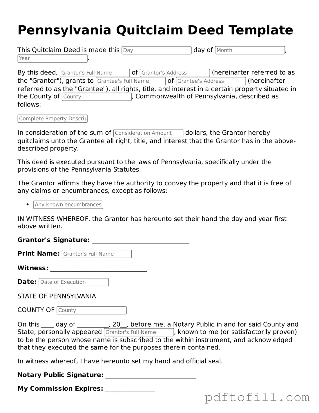 Official Pennsylvania Quitclaim Deed Form