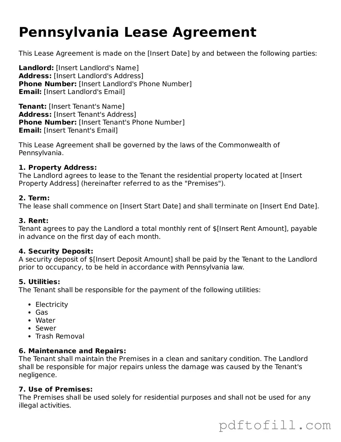 Official Pennsylvania Lease Agreement Form
