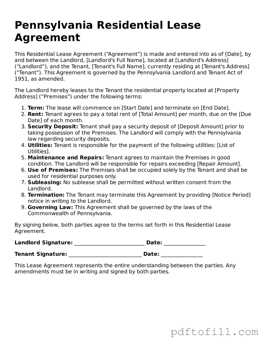 Official Pennsylvania Residential Lease Agreement Form