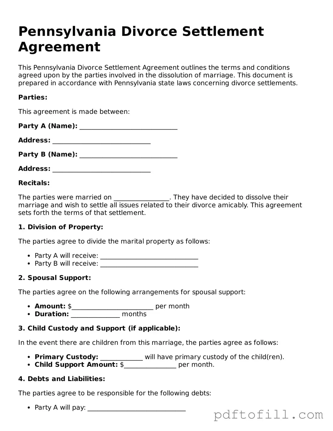Official Pennsylvania Divorce Settlement Agreement Form