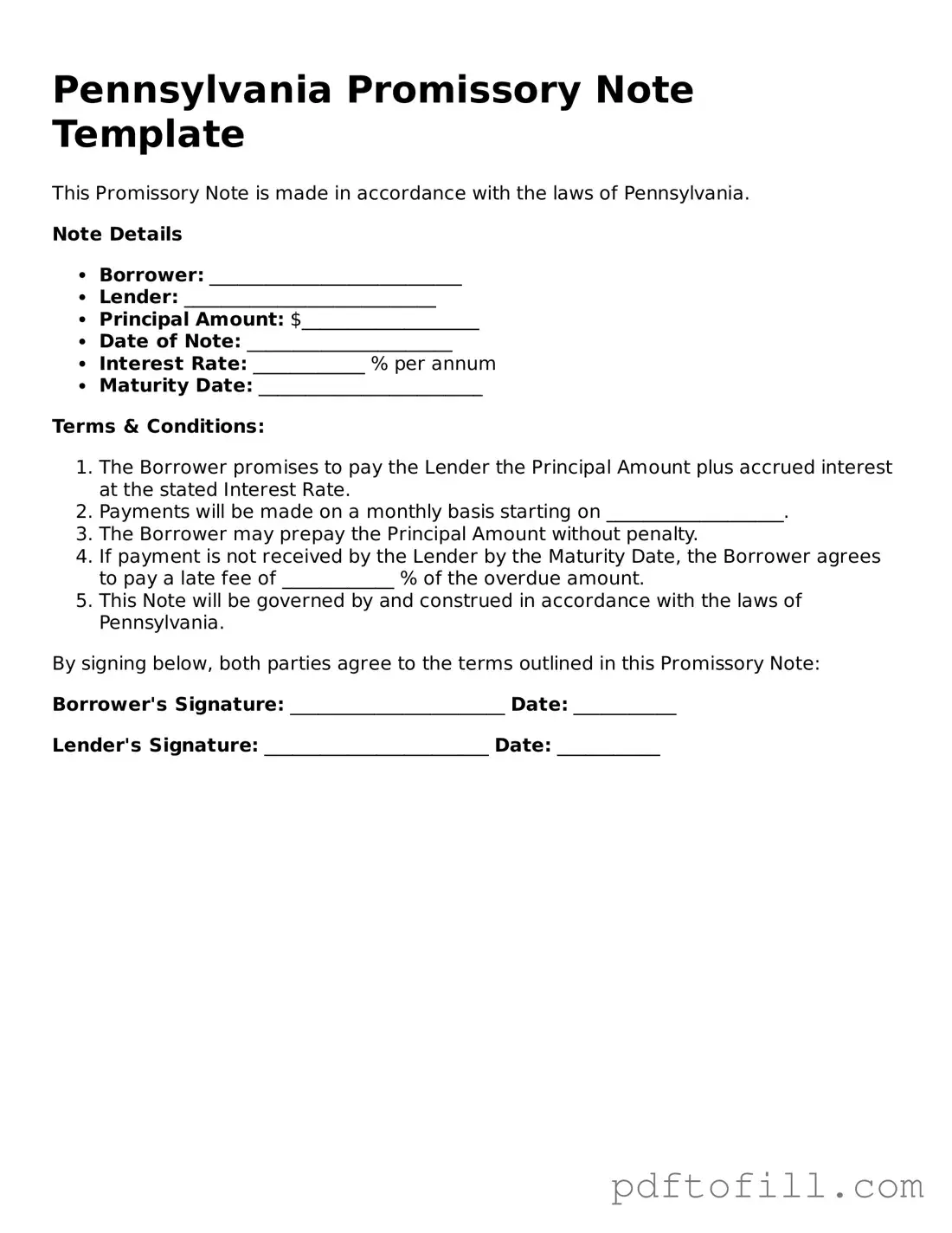 Official Pennsylvania Promissory Note Form