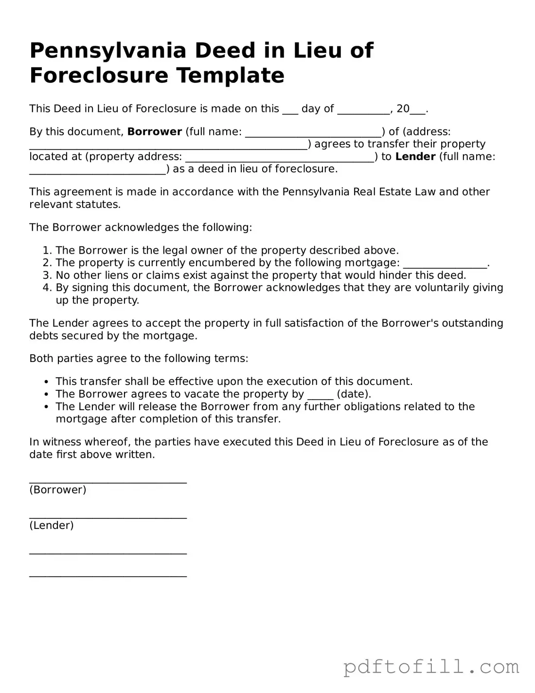 Official Pennsylvania Deed in Lieu of Foreclosure Form