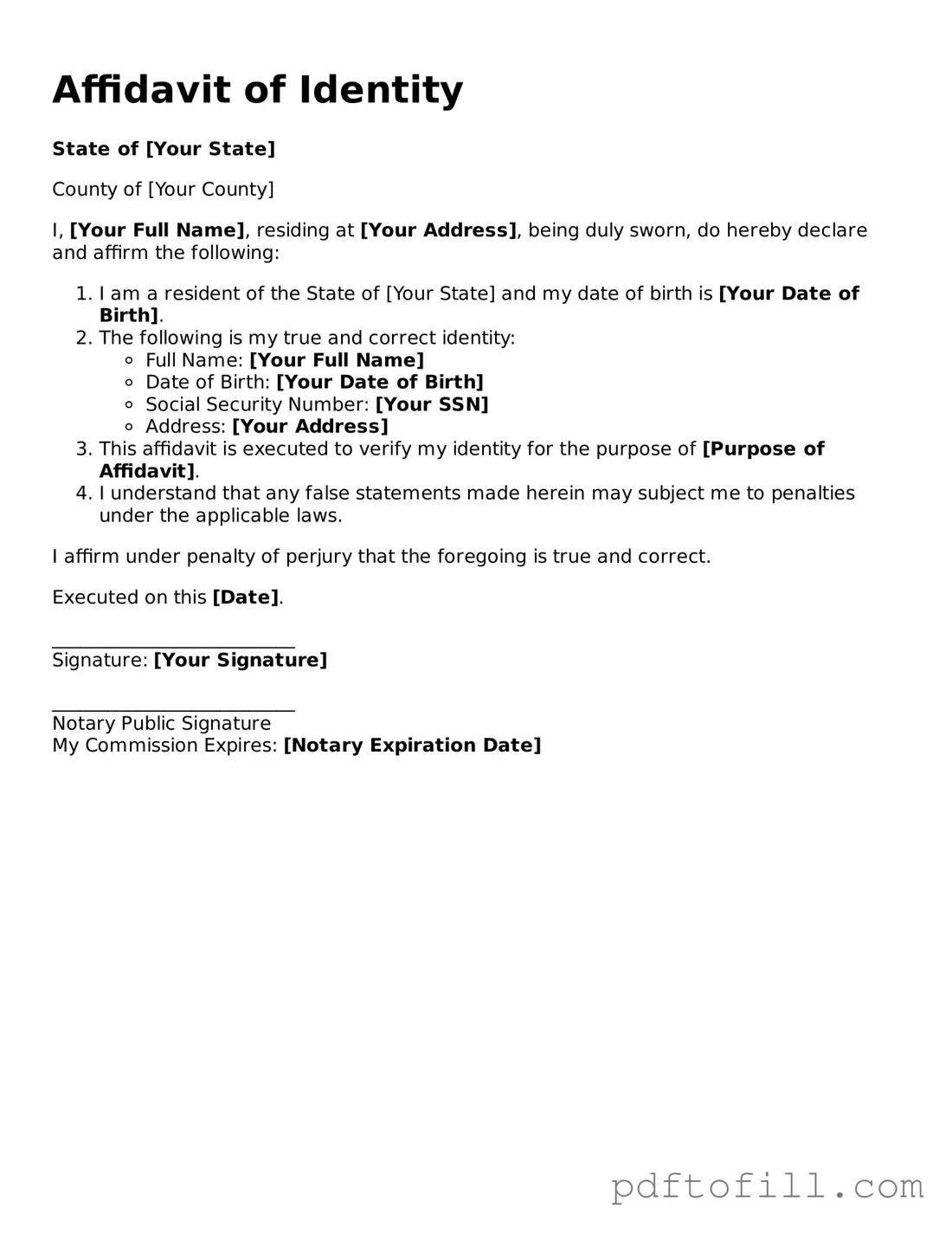 Printable Affidavit of Identity Template