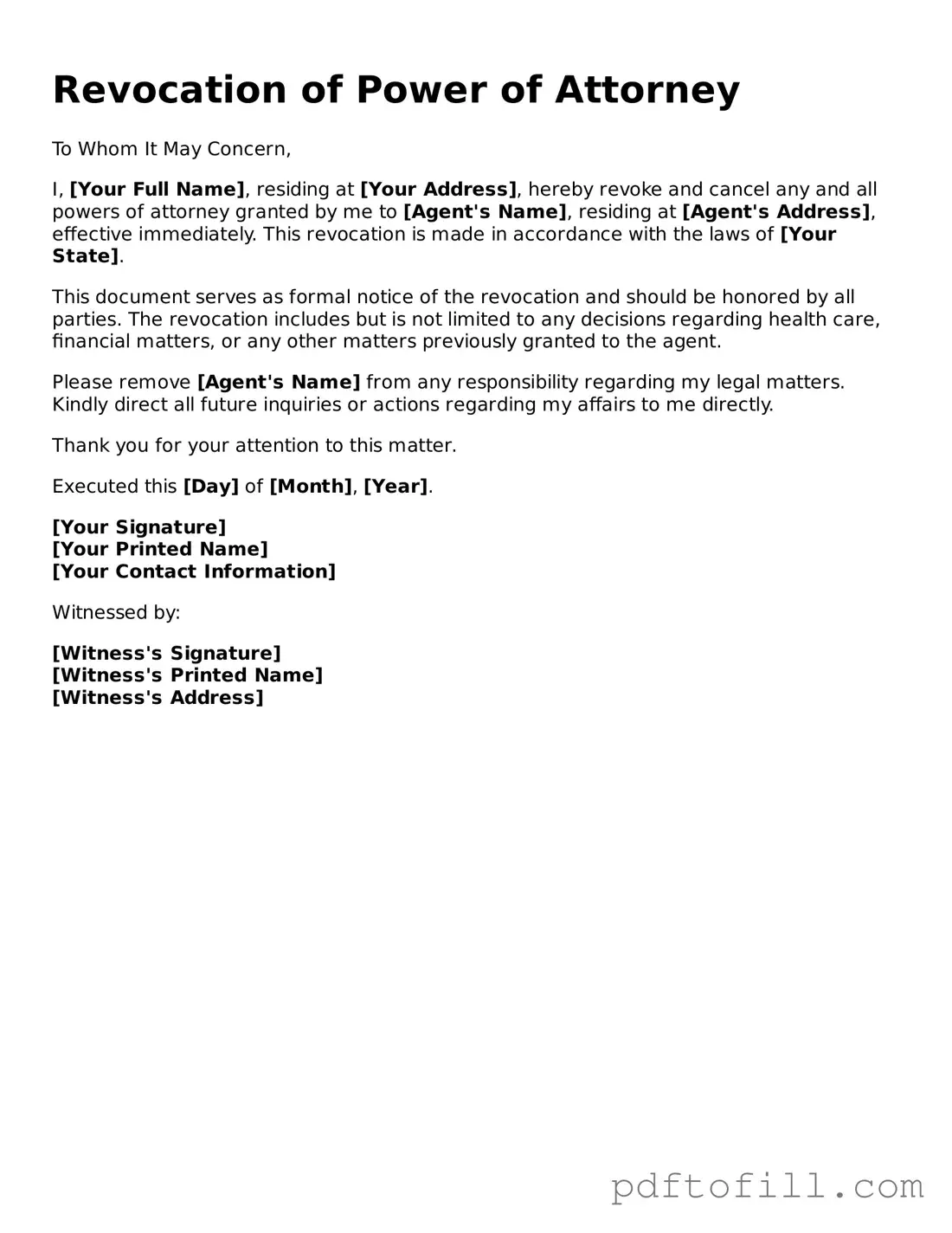 Printable Revocation of Power of Attorney Template