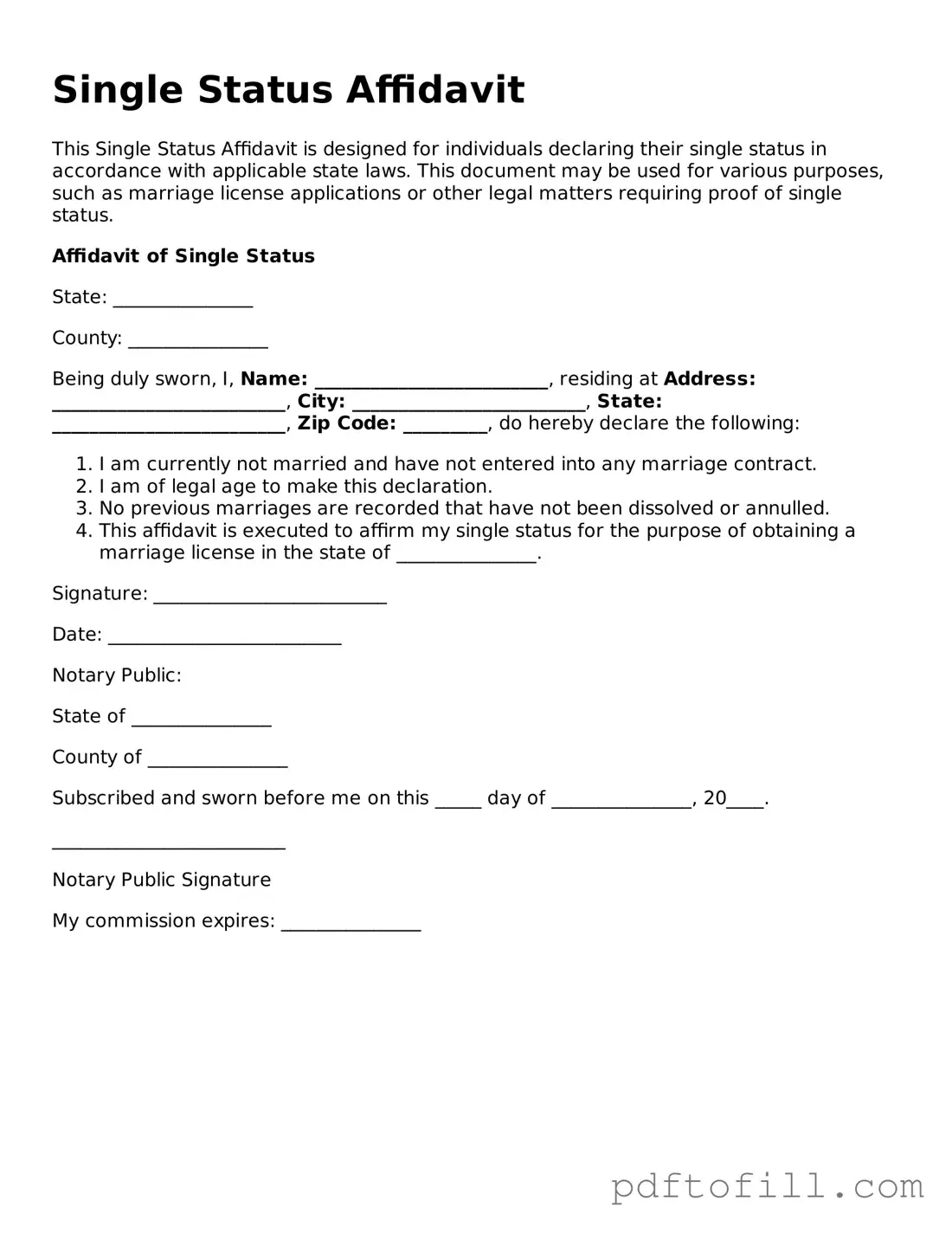 Printable Single Status Affidavit Template
