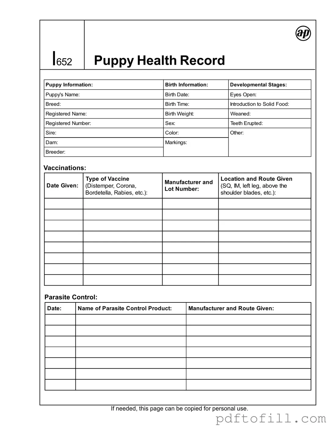 Free Puppy Health Record PDF Form