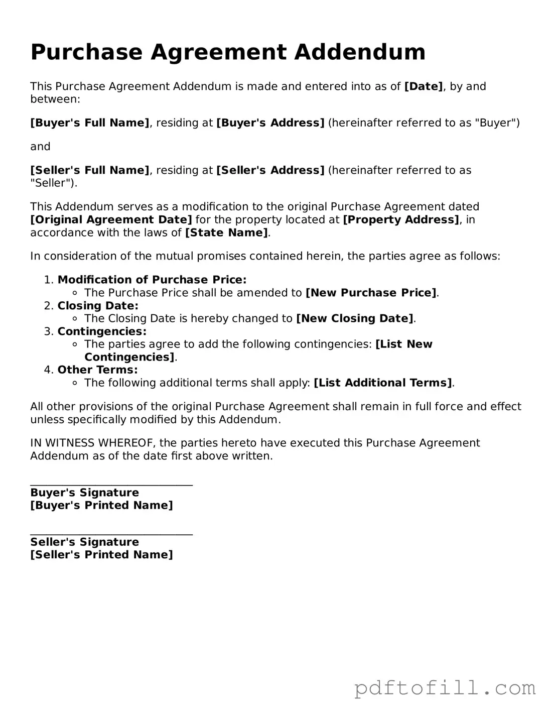 Printable Purchase Agreement Addendum Template